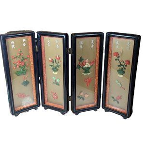 Vintage 4 Panel Oriental Asian Mini Screen 3D Detailed Stone Table Art Lacquer
